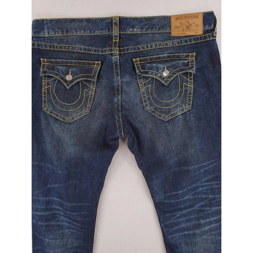 True Religion Jeans Mens 42x34 Gold Big T Skinny Flap Pocket Y2K Thick Stitch